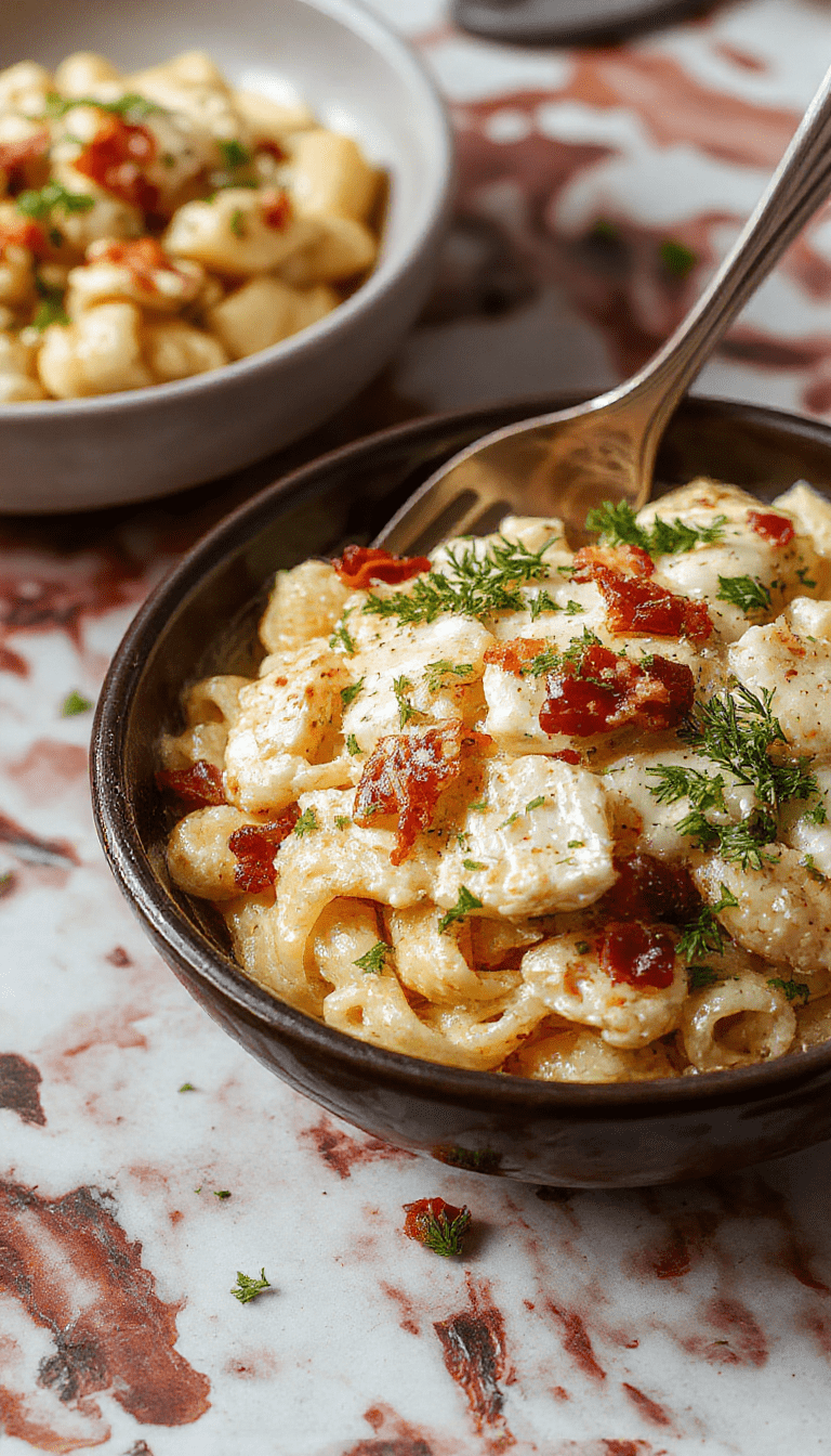 A close-up shot of a plate of creamy chicken bacon ranch pasta with golden crispy bacon bits, chopped green herbs, and a drizzle of ranch dressing, with steam rising, served on a rustic plate on a wooden table.