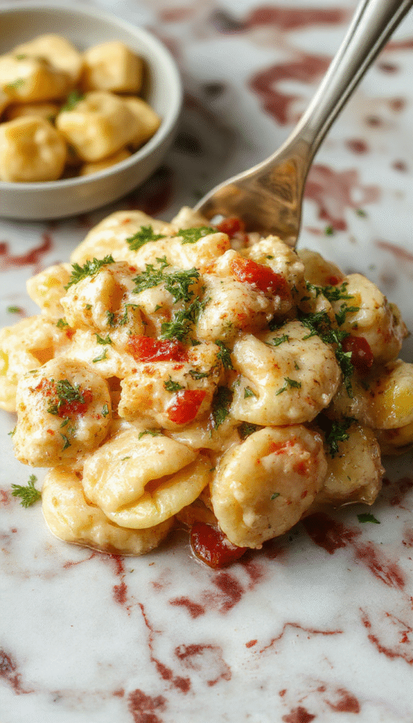 A vibrant bowl of creamy chicken tortellini with tender pasta, succulent shredded chicken, fresh herbs, and melted cheese, styled on a rustic wooden table with a spoon and garnished with parsley.