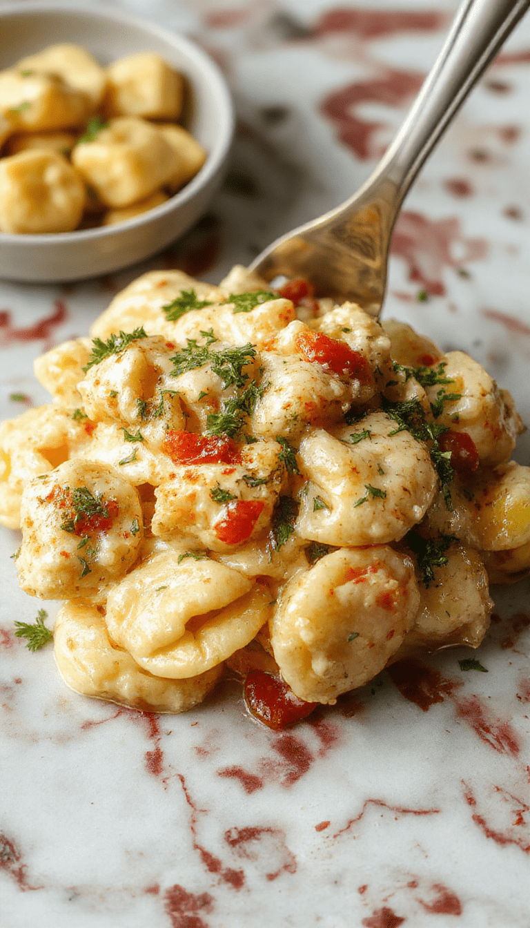 A vibrant bowl of creamy chicken tortellini with tender pasta, succulent shredded chicken, fresh herbs, and melted cheese, styled on a rustic wooden table with a spoon and garnished with parsley.