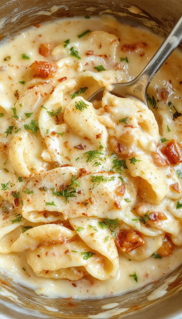 A vibrant plate of creamy garlic pasta topped with fresh parsley and grated cheese, served in a rustic white bowl on a wooden table, with garlic cloves and herbs scattered around, emphasizing rich textures and inviting golden hues.
