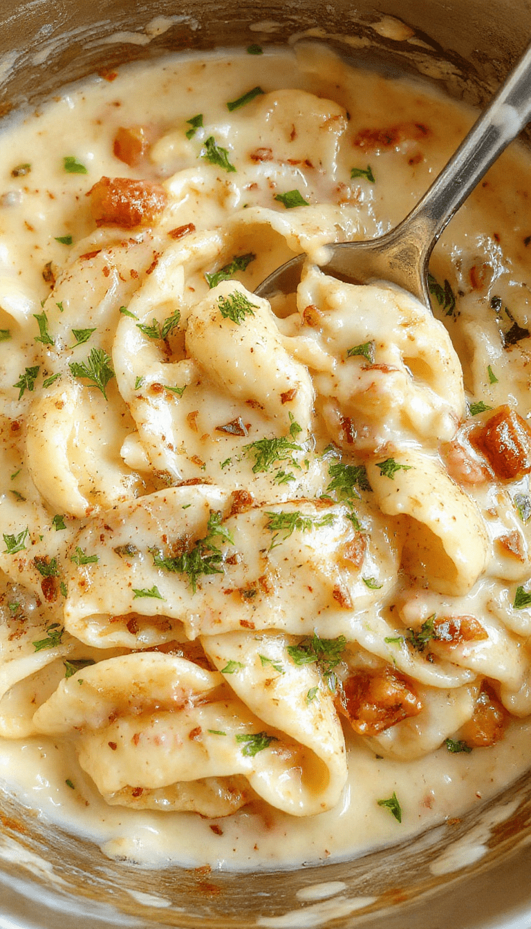 A vibrant plate of creamy garlic pasta topped with fresh parsley and grated cheese, served in a rustic white bowl on a wooden table, with garlic cloves and herbs scattered around, emphasizing rich textures and inviting golden hues.