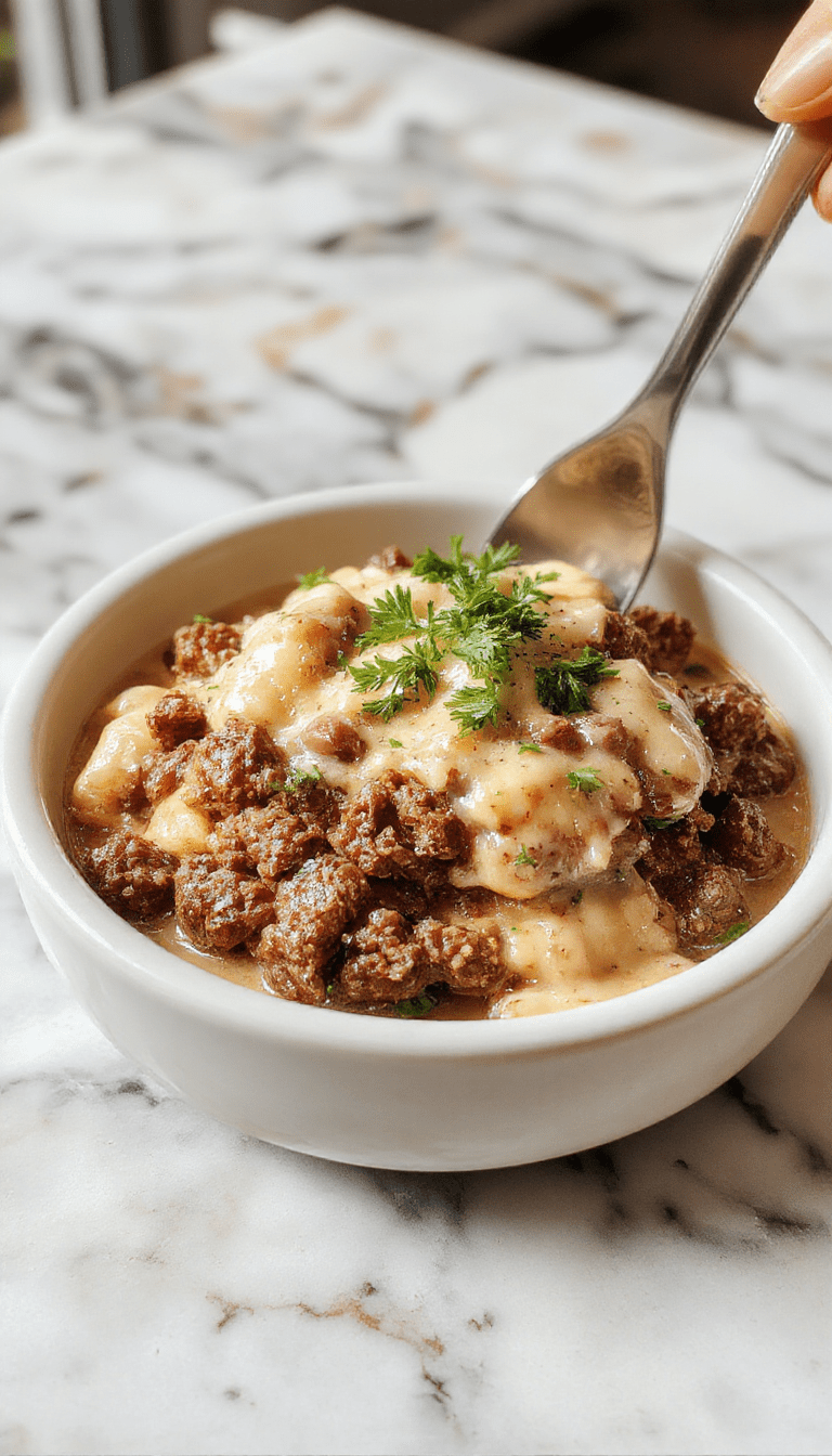 A close-up of a steaming plate of ground beef stroganoff featuring tender beef strips in a rich creamy mushroom sauce, garnished with fresh parsley, served over egg noodles on a rustic wooden table with a fork placed beside.