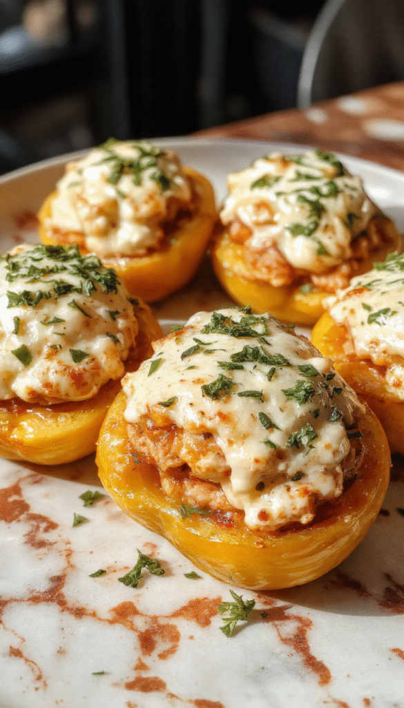 Colorful bell peppers filled with creamy ricotta cheese mixture, topped with fresh herbs, presented on a rustic white plate with a sprig of basil.