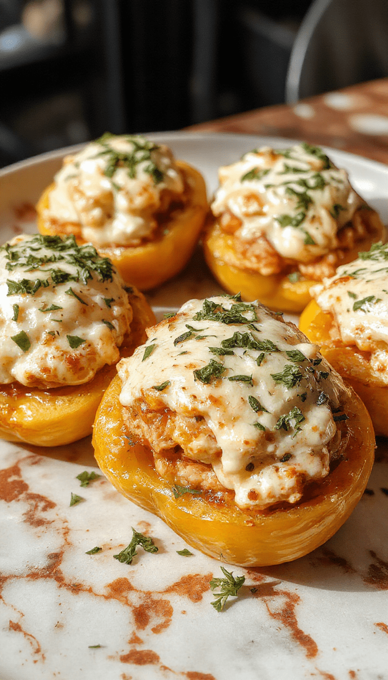 Colorful bell peppers filled with creamy ricotta cheese mixture, topped with fresh herbs, presented on a rustic white plate with a sprig of basil.