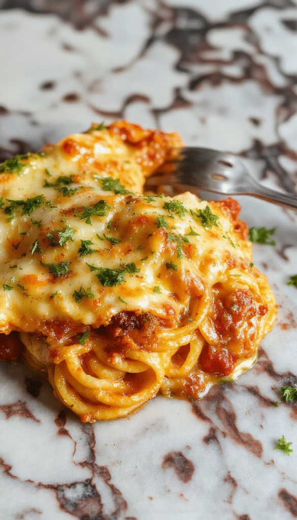A vibrant plate of creamy Southern spaghetti bake with golden melted cheese on top, garnished with fresh herbs. The dish is served in a rustic white baking dish, showing luscious, cheesy strands with a crispy crust. Surrounding ingredients like cooked spaghetti, creamy sauce, and sprinkled herbs add visual appeal with rich textures and inviting colors.