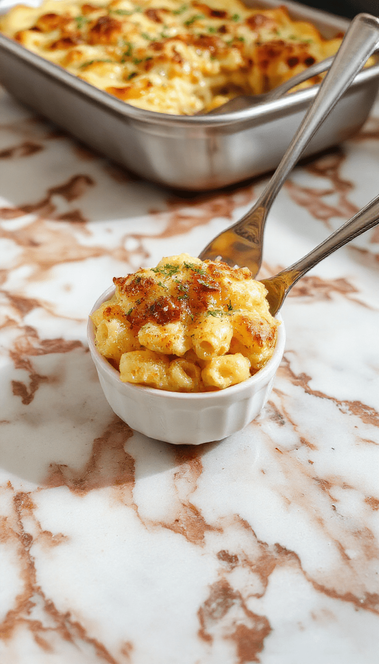 A close-up of a golden-brown baked mac and cheese dish with a crispy crunchy topping, served in a rustic baking dish, steam rising, garnished with fresh herbs.