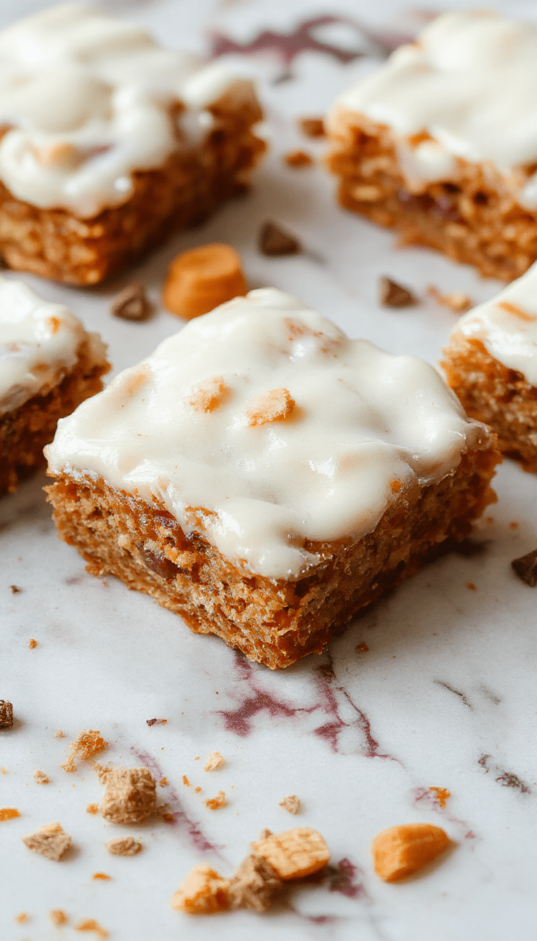 Colorful carrot cake bars arranged on a rustic wooden plate, topped with cream cheese frosting and sprinkled with chopped walnuts, with a slice showing moist texture and vibrant orange carrot shreds.
