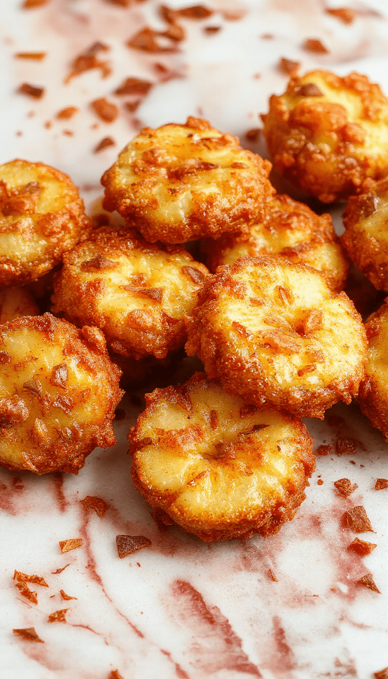 Close-up of golden-brown apple fritter bites on a white plate, garnished with powdered sugar and cinnamon, with a rustic wooden background and fresh apple slices beside them.