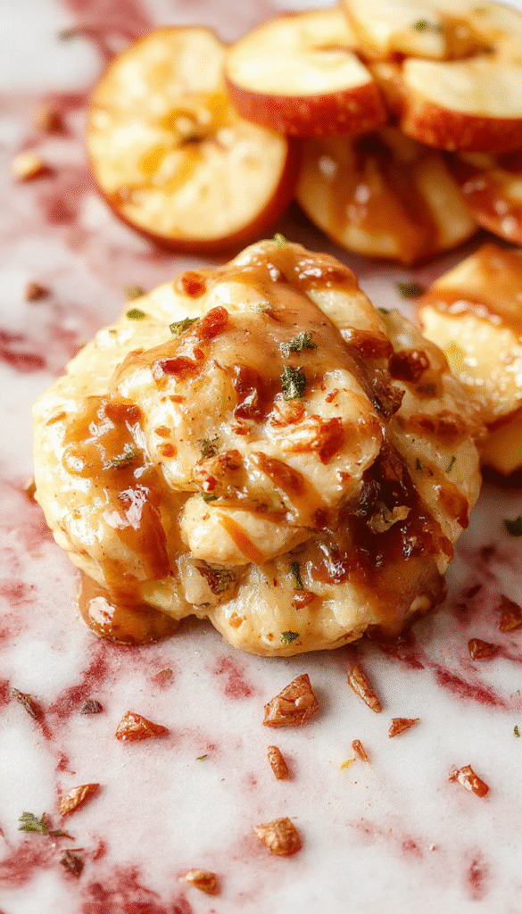 A vibrant close-up of a smooth, golden apple toffee dip in a white bowl, topped with chopped apples and drizzled with caramel, styled with a rustic wooden background and sprinkled with crushed cookies.