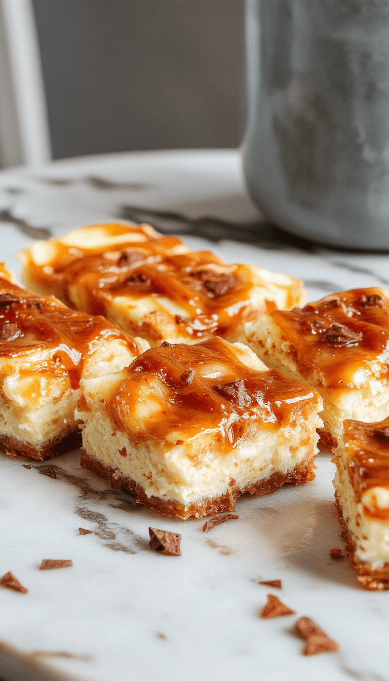 A close-up of caramel apple cheesecake bars on a white plate, topped with caramel drizzle and apple slices, showcasing the layered textures and golden-brown crust with a vibrant apple and caramel topping, styled with a rustic wooden background.