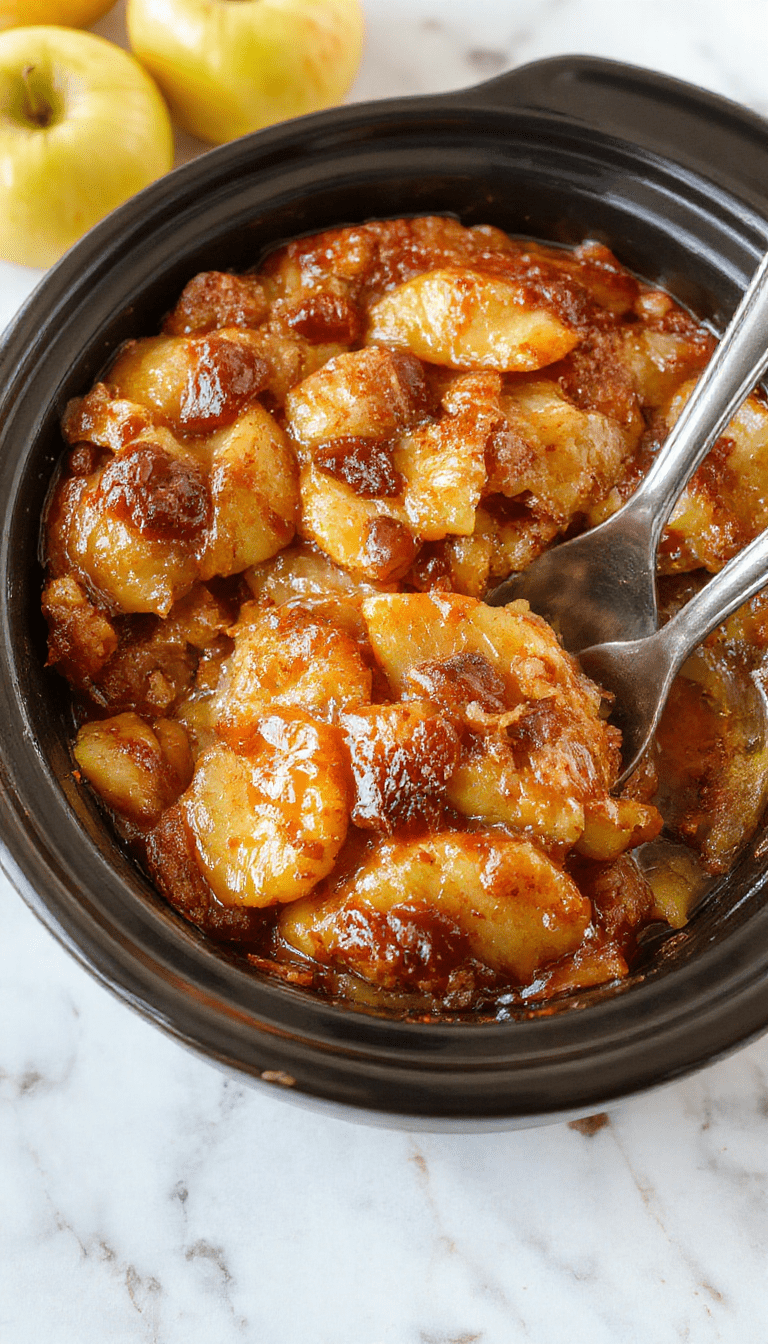 A vibrant, caramel-glazed apple dump cake served in a rustic white dish, topped with caramel drizzle and cinnamon, with sliced apples and crumbles visible, styled on a wooden table with a cozy autumn ambiance.