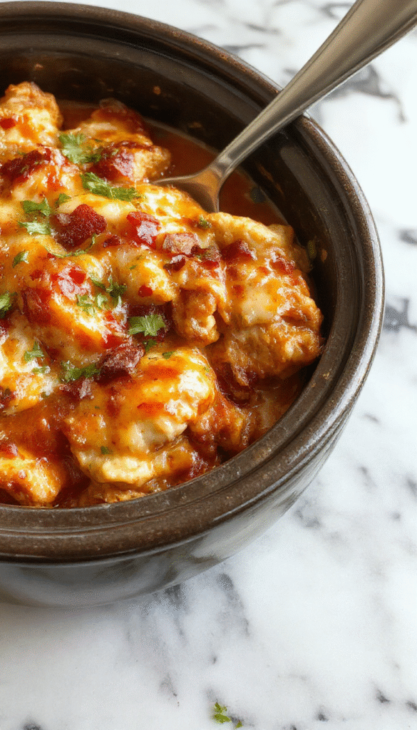 A colorful, layered chicken enchilada casserole served in a rustic dish, topped with melted cheese, fresh cilantro, and red hot sauce, with a focus on the gooey cheese, vibrant red sauce, and tender shredded chicken.