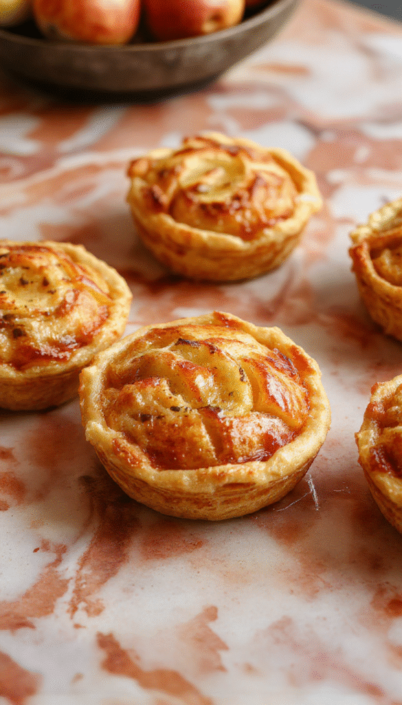 A close-up of a plate holding several golden-brown mini apple pies with flaky crusts, filled with sliced apples and cinnamon, garnished with powdered sugar and a sprig of mint, set on a rustic wooden surface with autumn leaves in the background