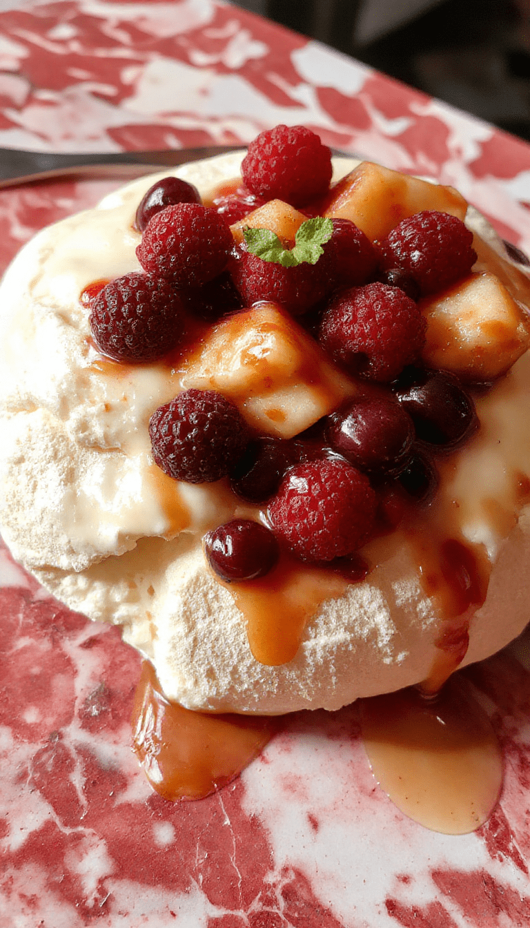 Colorful Pavlova dessert featuring a crisp, golden-brown meringue base topped with smooth whipped cream and vibrant fresh berries, kiwi, and mango slices, garnished with mint leaves, styled on a white plate with a blurred pastel background highlighting the textures and fresh ingredients.
