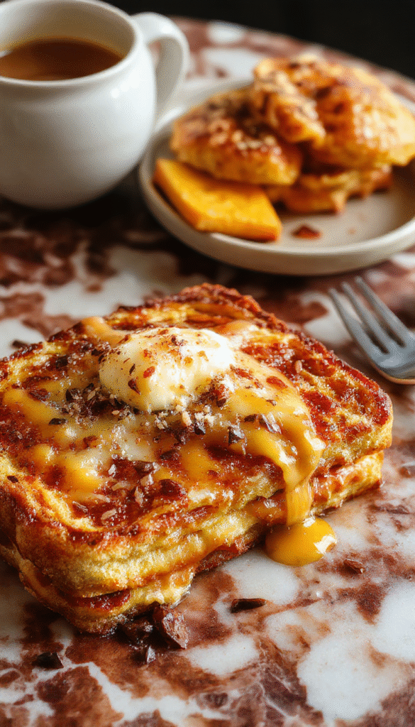 A vibrant plate of golden-brown French toast slices topped with warm, roasted pumpkin puree, drizzled with maple syrup, garnished with powdered sugar and fresh cinnamon sticks, styled on a rustic wooden table with autumn leaves in the background.