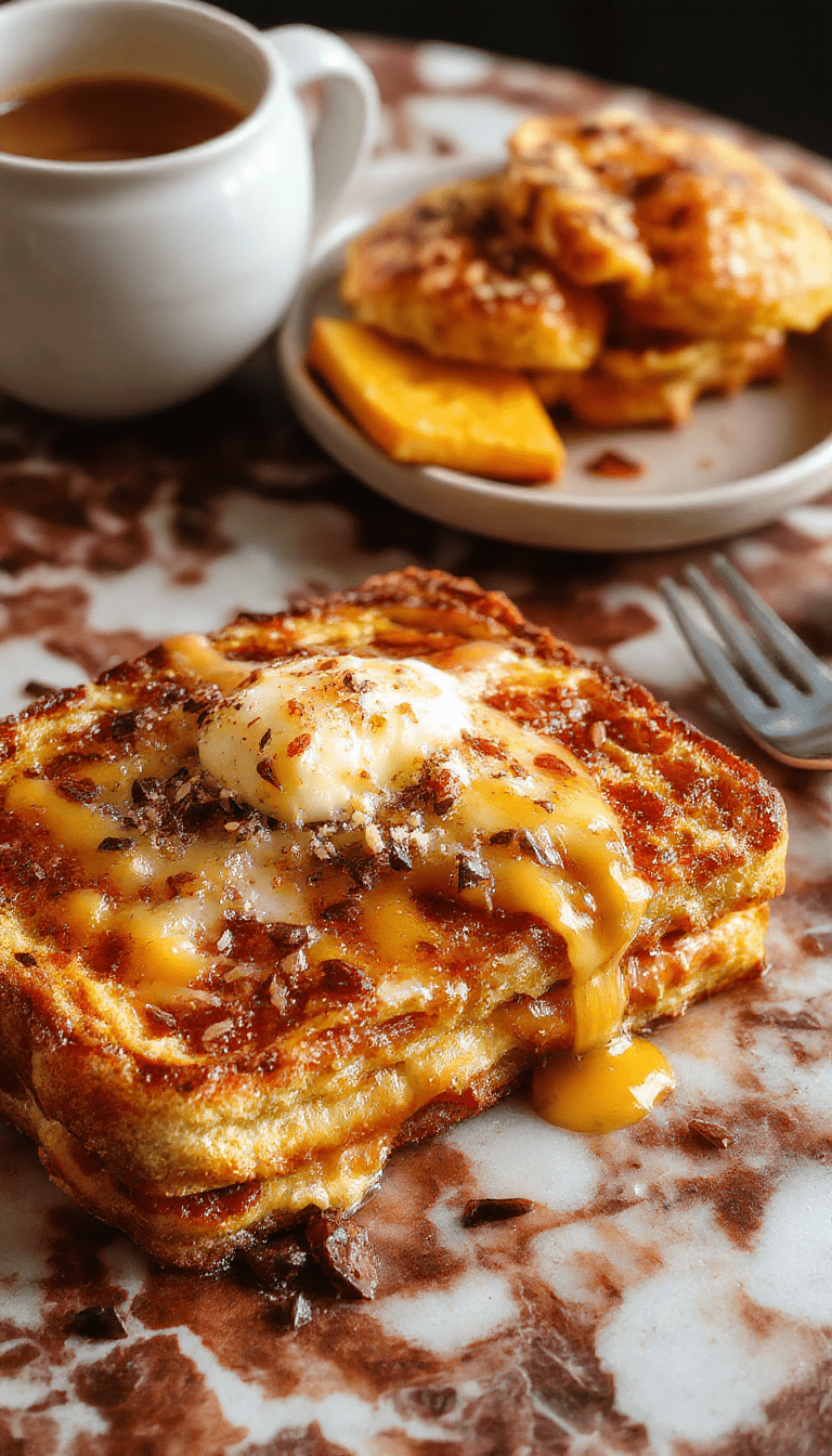 A vibrant plate of golden-brown French toast slices topped with warm, roasted pumpkin puree, drizzled with maple syrup, garnished with powdered sugar and fresh cinnamon sticks, styled on a rustic wooden table with autumn leaves in the background.
