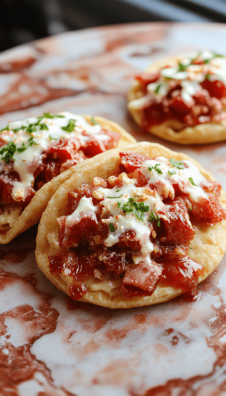 A vibrant close-up of crispy taco shells filled with creamy cheesecake filling topped with fresh strawberry slices and crunchy cereal crumble, garnished with a sprig of mint on a clean white plate with a pastel background.
