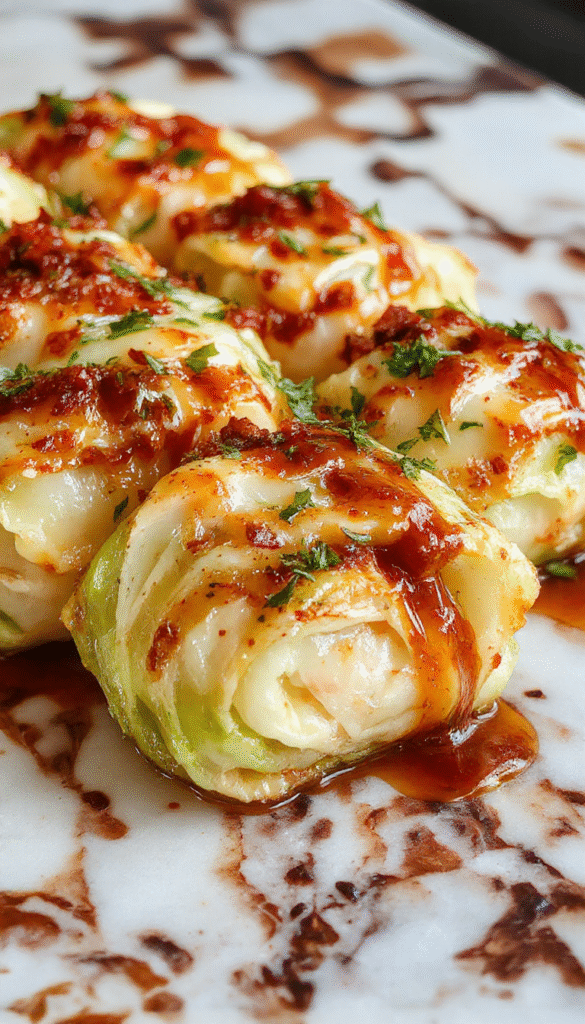 A vibrant plate featuring perfectly rolled cabbage leaves filled with seasoned meat and rice, topped with a drizzle of tomato sauce and garnished with fresh herbs, showcasing a colorful and appetizing presentation with steaming hot textures.