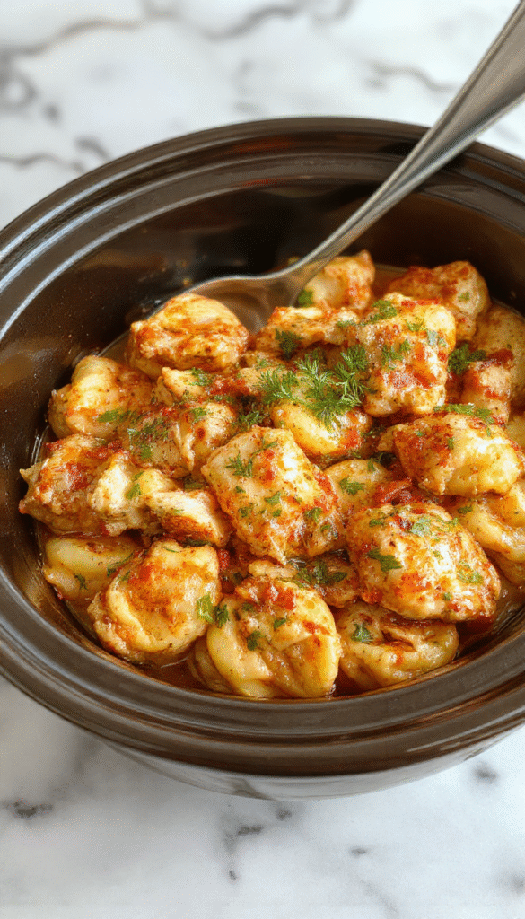 A vibrant bowl of chicken tortellini with a rich, creamy sauce garnished with fresh herbs, served on a rustic wooden table with colorful vegetables surrounding it
