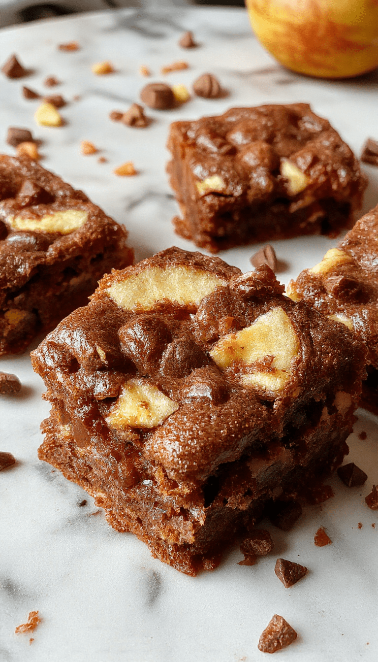 A close-up of a plate with square-shaped apple brownies featuring a caramelized apple topping, golden-brown edges, and a dusting of powdered sugar, set on a rustic wooden table with cinnamon sticks and fresh apple slices nearby, styled for autumn appeal