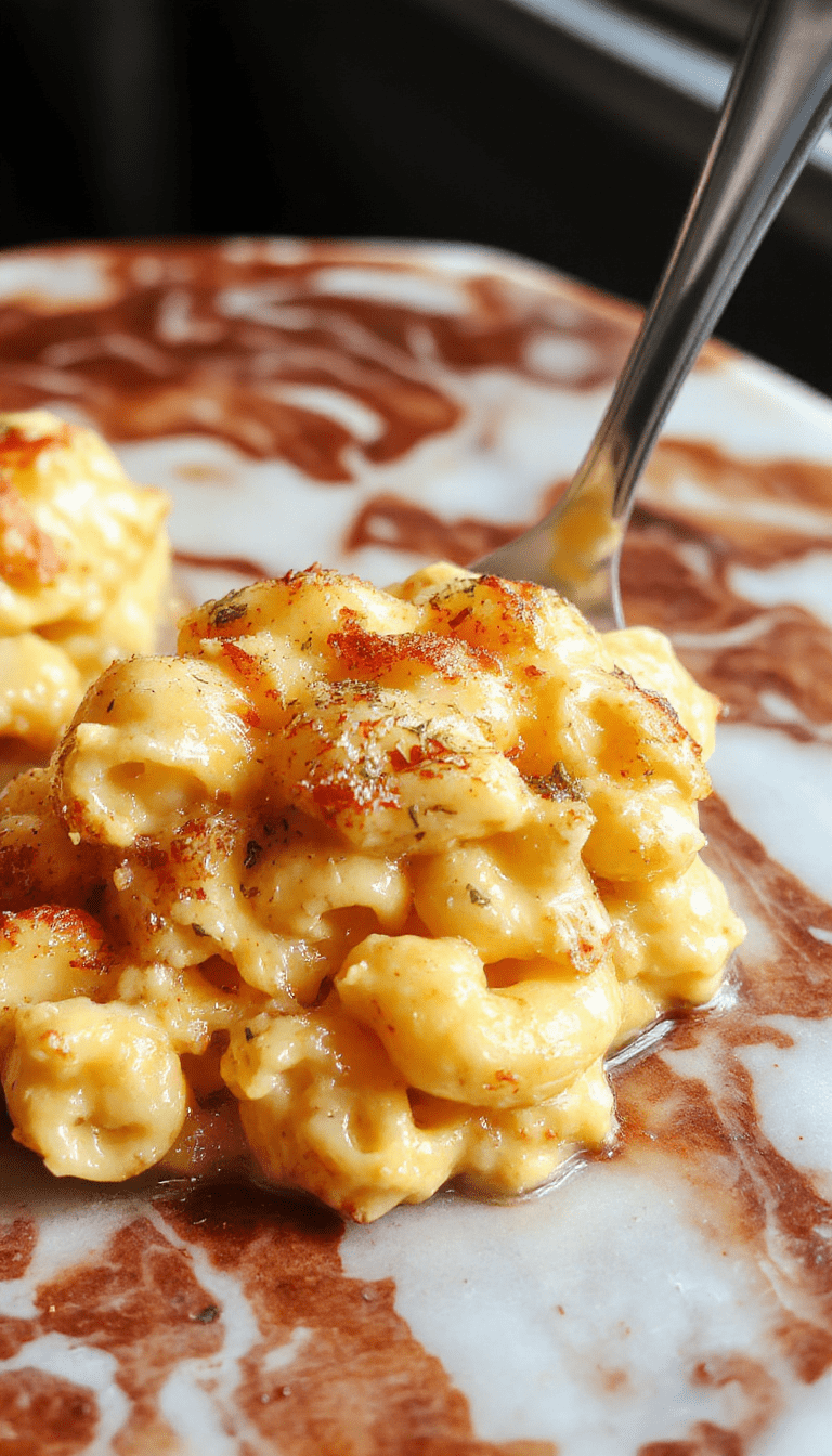 A close-up of a creamy, cheesy macaroni dish served in a white bowl, topped with melted cheese and freshly chopped parsley, with steam rising and a rustic wooden table background
