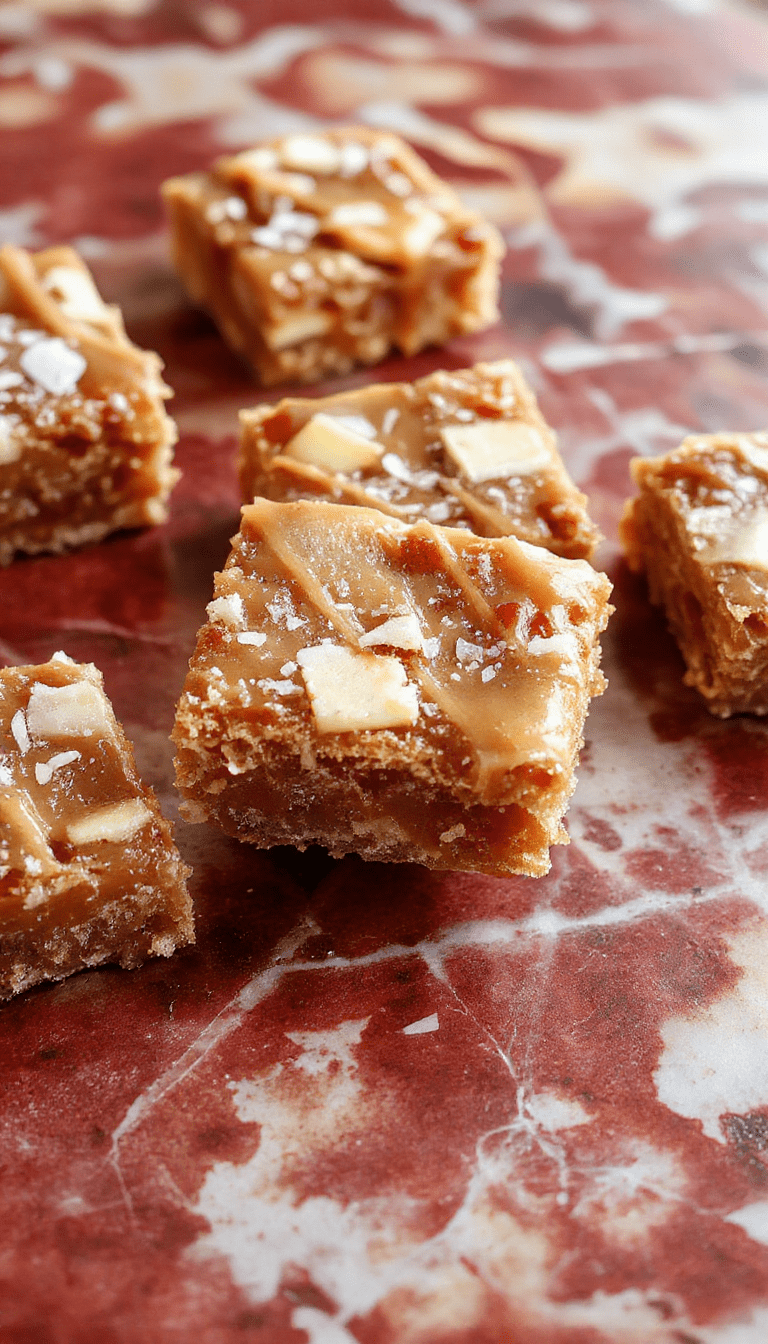 A close-up of golden-brown apple bars topped with a drizzle of rich salted caramel and flaky sea salt, arranged on a rustic wooden table with fresh apple slices and caramel sauce around.