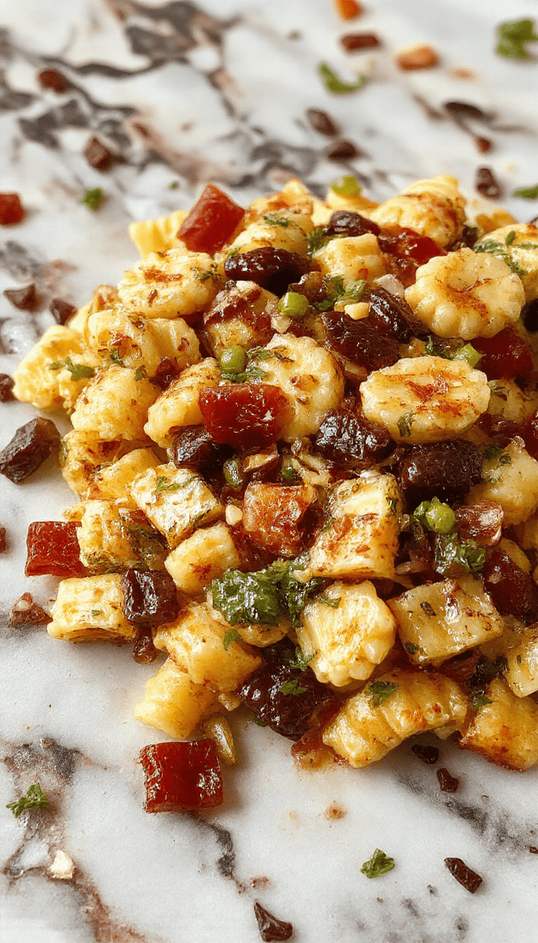 A vibrant bowl of fall harvest pasta salad featuring colorful pasta, roasted vegetables, fresh herbs, and a light vinaigrette, artfully arranged on a rustic wooden table with scattered herbs and seasonal produce for a cozy autumn vibe.