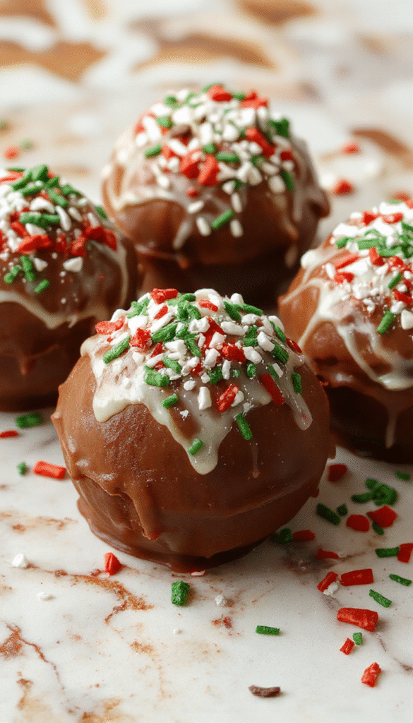 A vibrant holiday scene featuring a round Christmas hot chocolate bomb decorated with snowflake and holly designs, resting on a rustic wooden surface with falling snowflakes in the background, steam rising from a mug filled with hot chocolate, creating a cozy winter atmosphere.