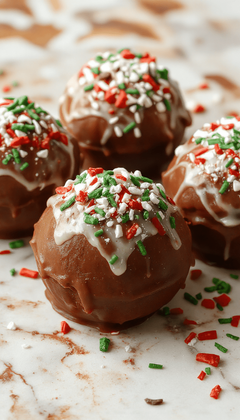 A vibrant holiday scene featuring a round Christmas hot chocolate bomb decorated with snowflake and holly designs, resting on a rustic wooden surface with falling snowflakes in the background, steam rising from a mug filled with hot chocolate, creating a cozy winter atmosphere.