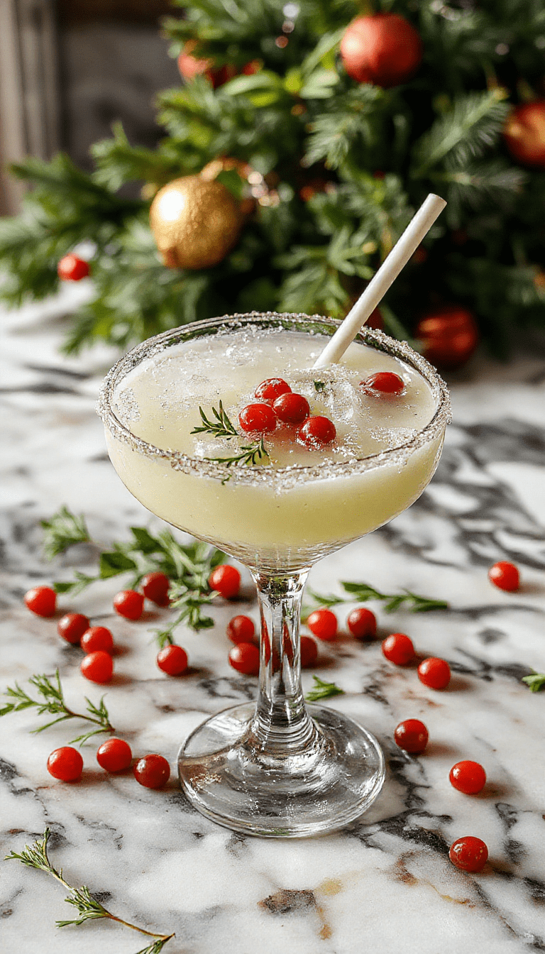 A vibrant green Mistletoe Margarita in a salt-rimmed glass garnished with fresh mistletoe leaves and tiny red berries, set against a festive holiday background with twinkle lights and Christmas ornaments, highlighting the bright colors and smooth texture of the cocktail.