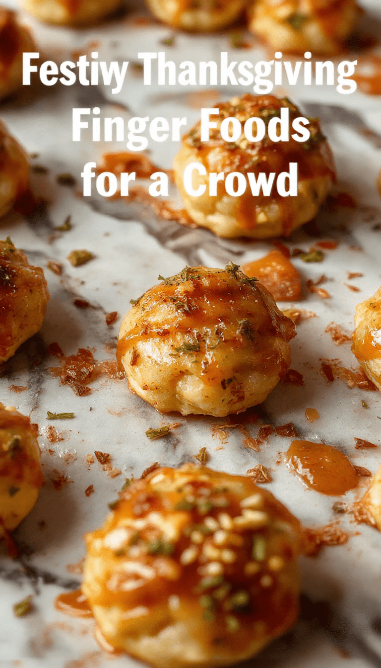 Colorful platter of bite-sized Thanksgiving finger foods including mini sliders, cheesy deviled eggs, roasted veggie skewers, and bite-sized desserts with vibrant garnishes on a rustic wooden table