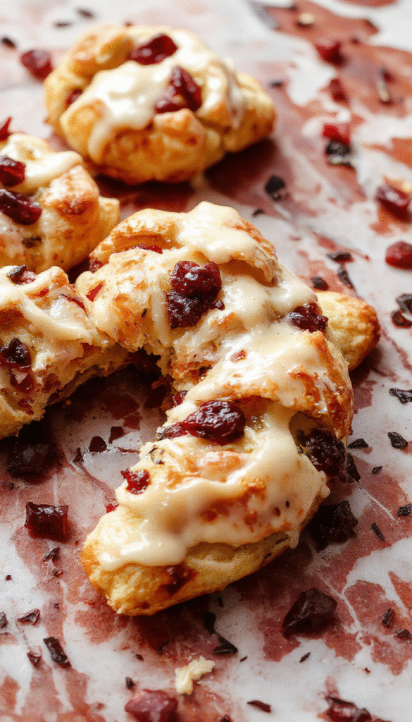 Colorful crescent ring featuring golden flaky pastry stuffed with turkey, vibrant red cranberry sauce, and fresh green herbs, beautifully arranged on a white plate with a festive background.