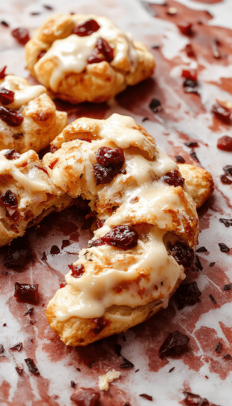 Colorful crescent ring featuring golden flaky pastry stuffed with turkey, vibrant red cranberry sauce, and fresh green herbs, beautifully arranged on a white plate with a festive background.