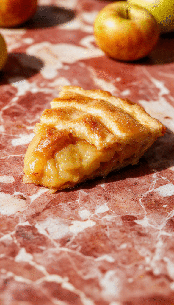 A colorful, freshly baked apple pie with golden crust, sliced and served on a rustic plate, topped with powdered sugar and cinnamon, with a flaky texture and caramelized apple filling visualized neatly, styled on a wooden surface with a hint of green leaves in the background.