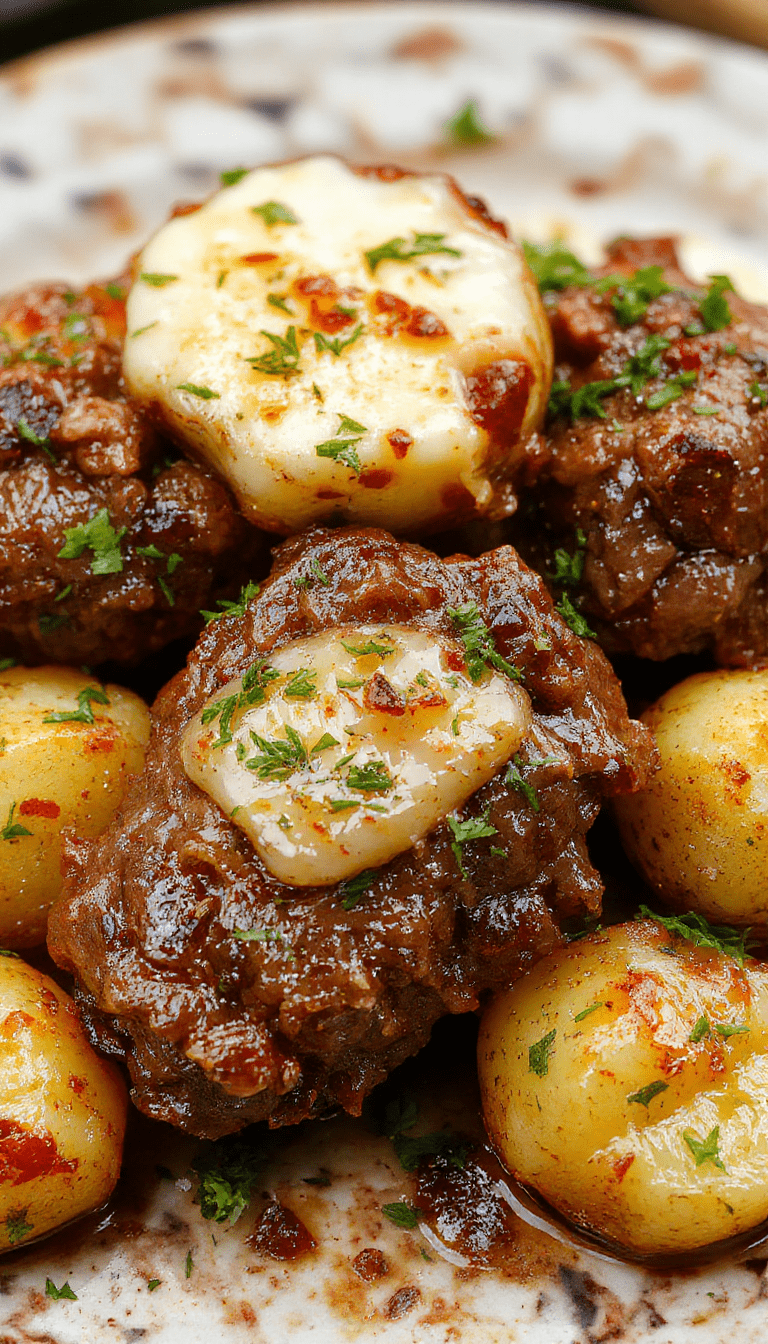 A close-up of tender beef bites coated in garlic butter sauce, served on a white plate with roasted golden potatoes and fresh herbs, surrounded by garnishes, with a rustic wooden background.