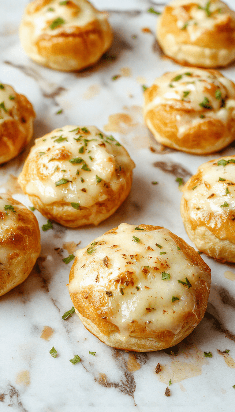 Golden-brown cheesy garlic rolls topped with melted cheese and fresh herbs on a rustic wooden board, with a soft interior visible, inviting and warm