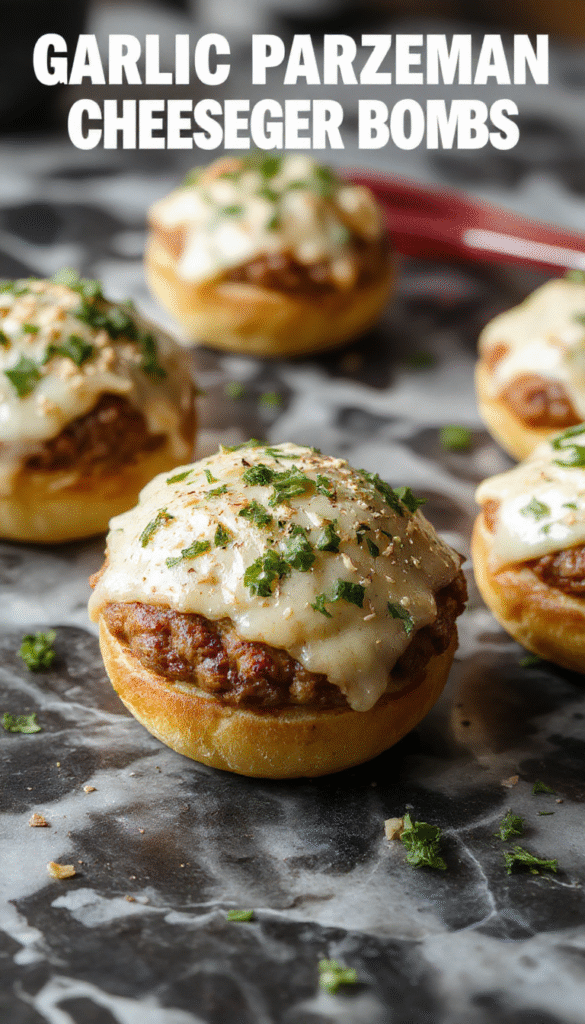 A close-up of golden-brown cheeseburger bombs filled with melted cheese, garnished with fresh parsley, served on a rustic wooden platter with a side of dipping sauce, highlighting crispy textures and cheesy centers.