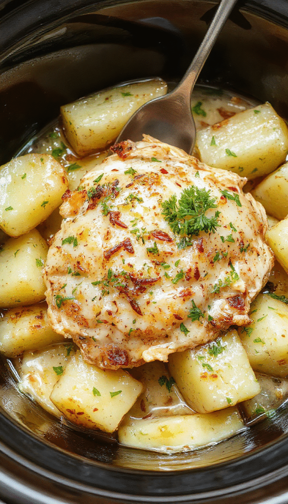 A vibrant plated dish featuring tender shredded chicken glazed with garlic and parmesan, accompanied by roasted golden potatoes, garnished with fresh parsley, served on a rustic white plate with a rich sauce backdrop.