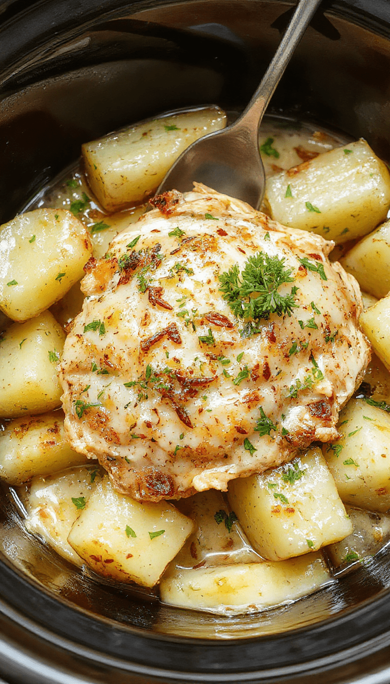 A vibrant plated dish featuring tender shredded chicken glazed with garlic and parmesan, accompanied by roasted golden potatoes, garnished with fresh parsley, served on a rustic white plate with a rich sauce backdrop.