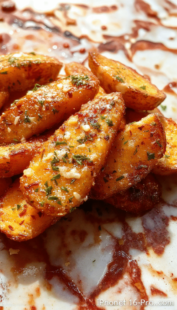 A vibrant plate of golden-brown garlic Parmesan sweet potato wedges stacked on a rustic wooden board, sprinkled with fresh parsley and grated Parmesan cheese, with a side of dipping sauce in a white bowl, styled with fresh herbs and a soft natural light