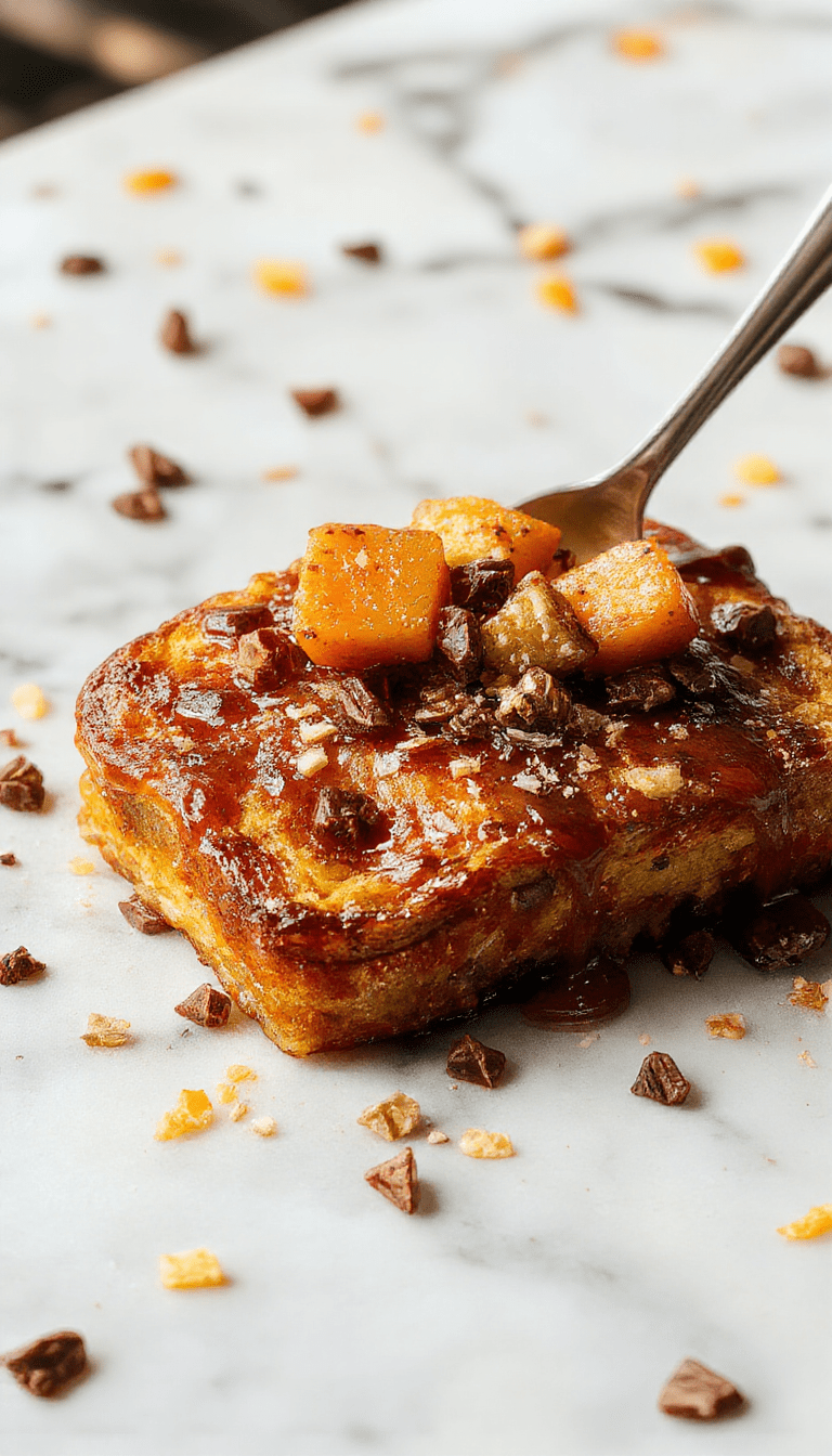 A vibrant plate of pumpkin french toast topped with whipped cream, caramelized pecans, and a dusting of powdered sugar, served on a rustic wooden table with autumn leaves in the background, showcasing warm orange and golden hues, with crispy edges and fluffy centers.