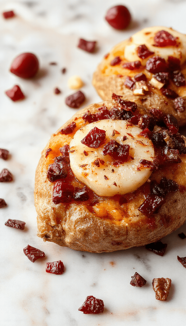 A vibrant plate featuring halved sweet potatoes filled with a colorful mixture of cranberry and apple chunks, topped with a sprinkle of cinnamon and garnished with fresh mint leaves, showcasing a glossy, textured surface accented by a rustic wooden background and festive seasonal elements.