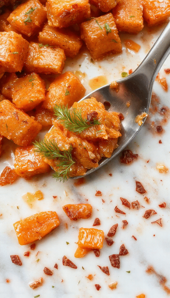 A vibrant bowl of smashed carrots presenting bright orange and purple hues, garnished with fresh herbs, on a rustic wooden table, with a textured cloth underneath, showing a home-cooked, wholesome dish with a smooth and chunky texture.