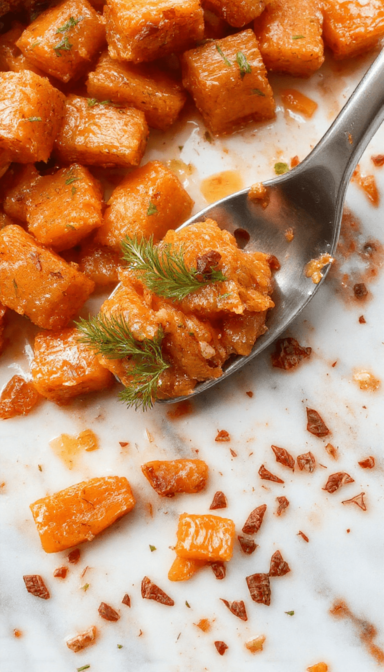 A vibrant bowl of smashed carrots presenting bright orange and purple hues, garnished with fresh herbs, on a rustic wooden table, with a textured cloth underneath, showing a home-cooked, wholesome dish with a smooth and chunky texture.