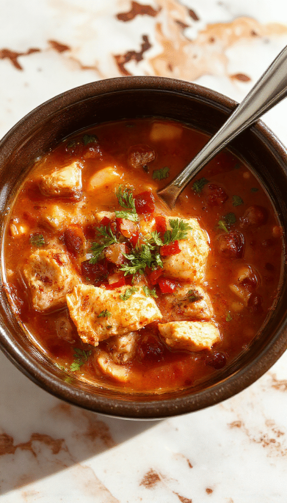 A vibrant bowl of chicken taco soup featuring shredded chicken, black beans, corn, and tomatoes, garnished with fresh cilantro and diced avocado, served with crunchy tortilla chips on a rustic wooden table