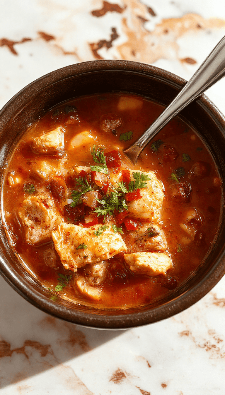 A vibrant bowl of chicken taco soup featuring shredded chicken, black beans, corn, and tomatoes, garnished with fresh cilantro and diced avocado, served with crunchy tortilla chips on a rustic wooden table
