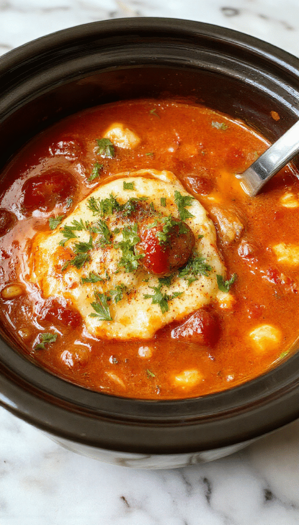 A steaming bowl of hearty Crockpot Lasagna Soup with layers of ricotta, melted mozzarella, and rich tomato broth, garnished with fresh basil and grated Parmesan, served on a rustic wooden table.