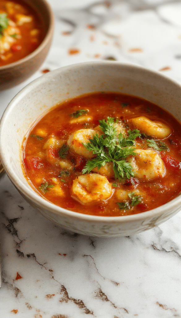 A vibrant bowl of tomato tortellini soup with plump tortellini floating in a rich red tomato broth, garnished with fresh basil and grated cheese, steam rising, set against a rustic wooden table.