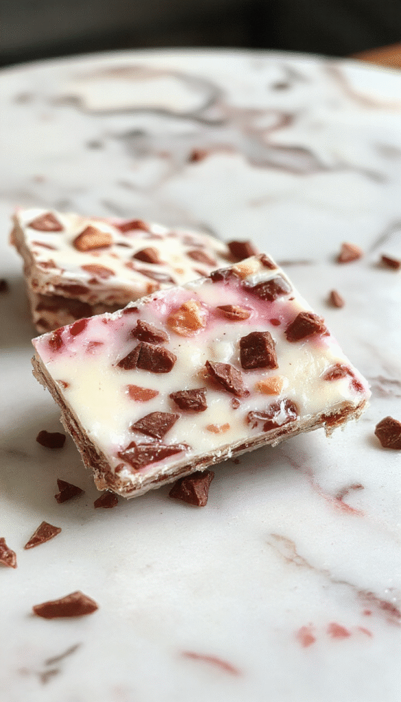 A vibrant rectangular yogurt bark topped with an array of fresh berries, sliced almonds, and a drizzle of honey. The bark is set on a white plate with a textured background, showcasing its creamy texture and colorful toppings for an appealing presentation.