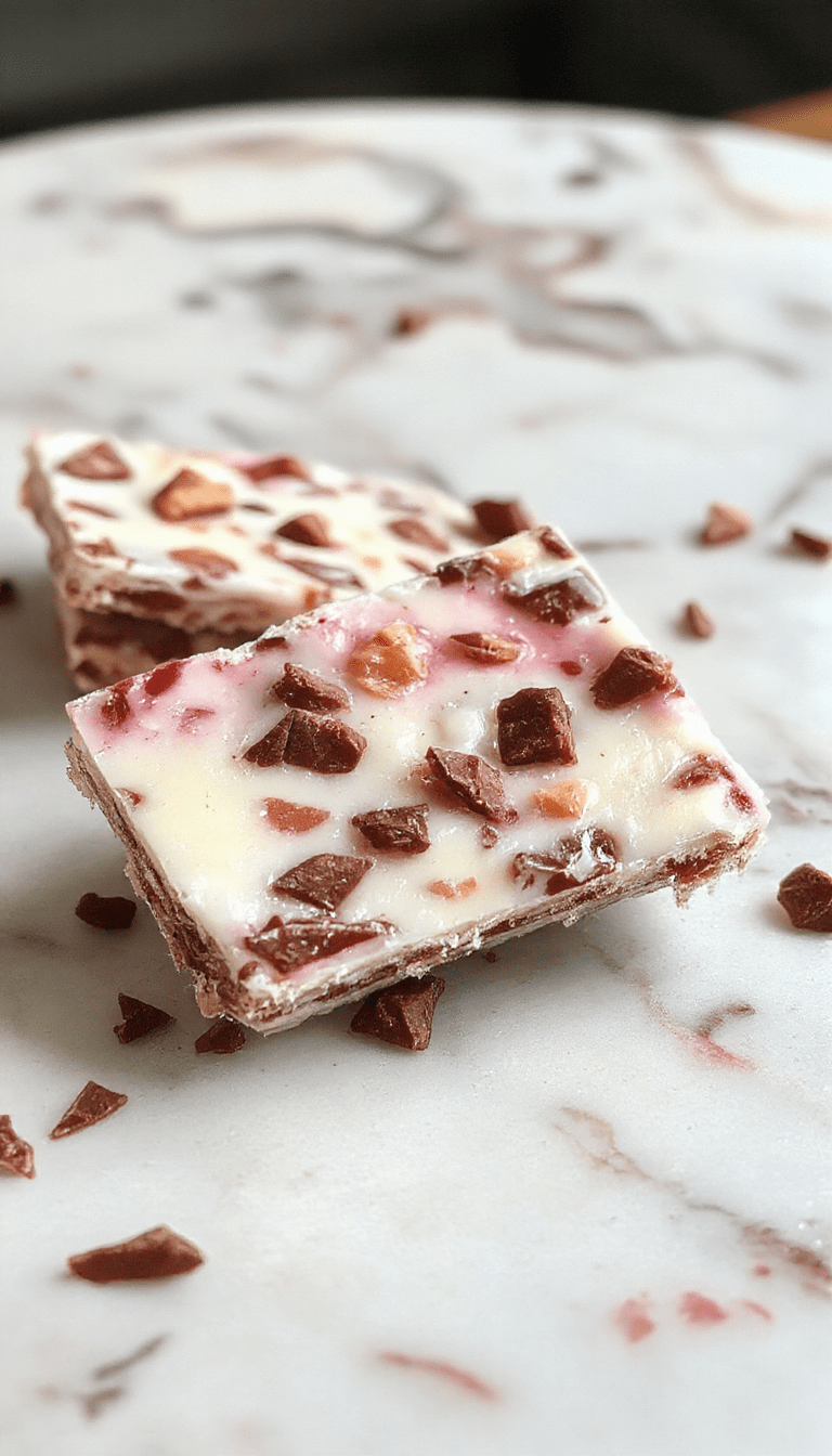 A vibrant rectangular yogurt bark topped with an array of fresh berries, sliced almonds, and a drizzle of honey. The bark is set on a white plate with a textured background, showcasing its creamy texture and colorful toppings for an appealing presentation.